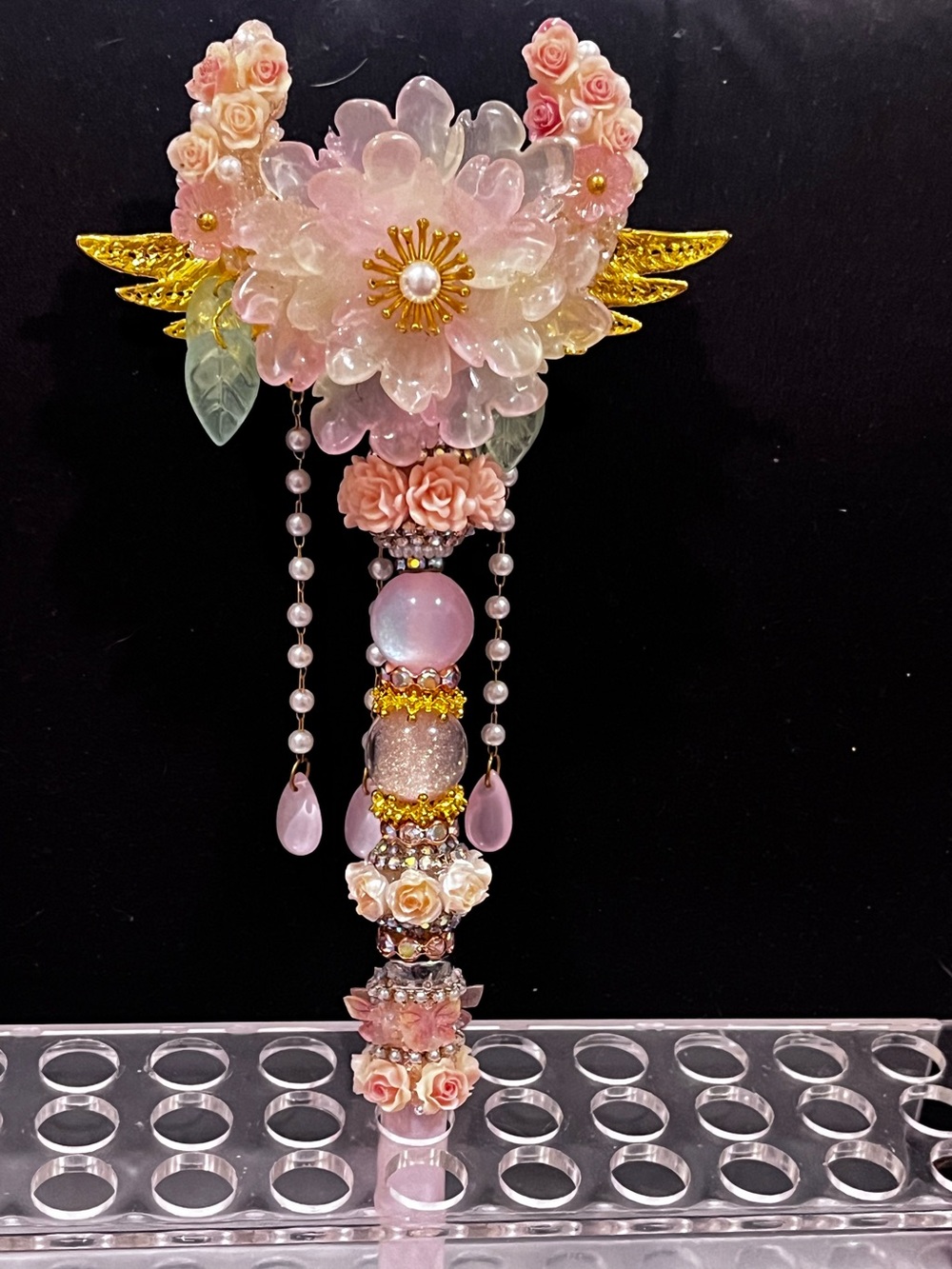 Handcrafted Pink Floral Tassel fairy inspired focal fancy beaded pen
